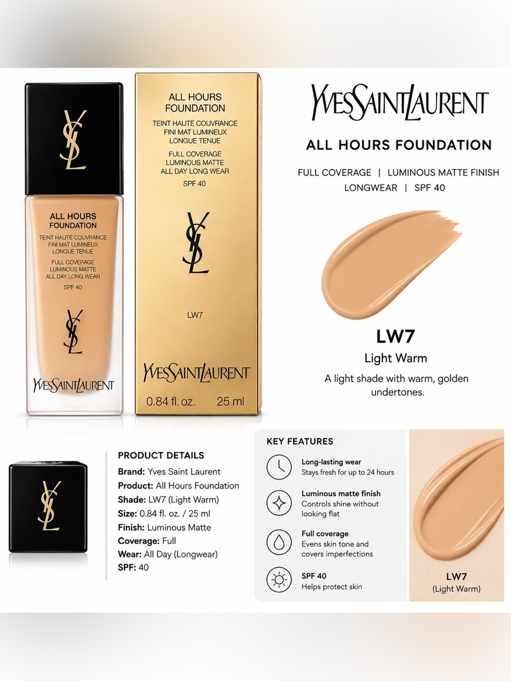 Yves Saint Laurent All Hours Foundation LW7 Light Warm - Golden Beige NIB